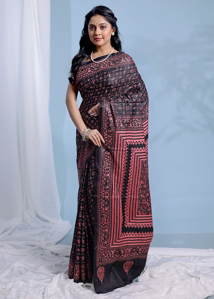 Black Kantha Stitch Pure Silk Saree With Blouse Piece - Indian Silk House Agencies