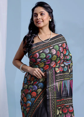 Black Kantha Stitch Pure Silk Saree With Blouse Piece - Indian Silk House Agencies