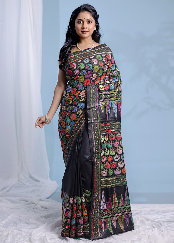 Black Kantha Stitch Pure Silk Saree With Blouse Piece - Indian Silk House Agencies