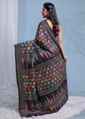 Black Kantha Stitch Pure Silk Saree With Blouse Piece - Indian Silk House Agencies