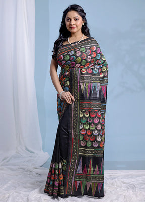 Black Kantha Stitch Pure Silk Saree With Blouse Piece - Indian Silk House Agencies