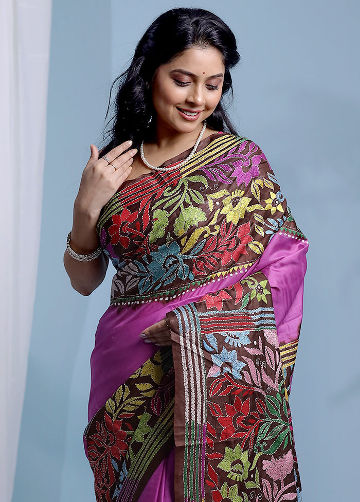 Brown Kantha Stitch Pure Silk Saree With Blouse Piece - Indian Silk House Agencies