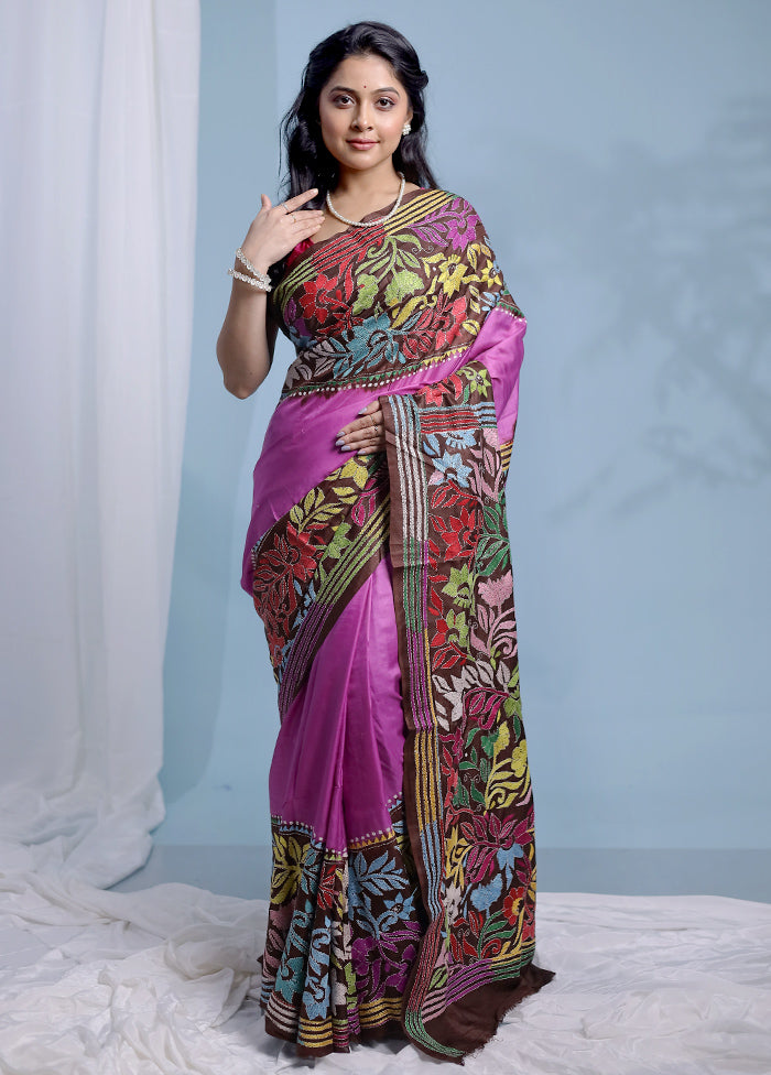 Brown Kantha Stitch Pure Silk Saree With Blouse Piece - Indian Silk House Agencies