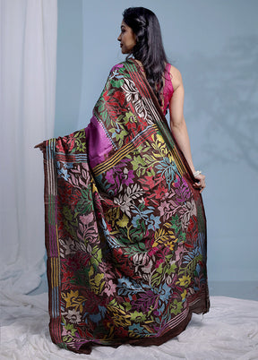 Brown Kantha Stitch Pure Silk Saree With Blouse Piece - Indian Silk House Agencies