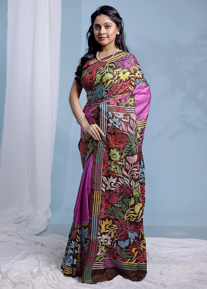 Brown Kantha Stitch Pure Silk Saree With Blouse Piece - Indian Silk House Agencies