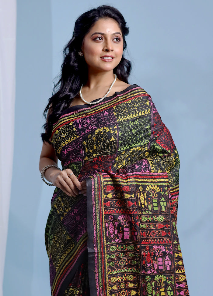 Black Kantha Stitch Pure Silk Saree With Blouse Piece - Indian Silk House Agencies