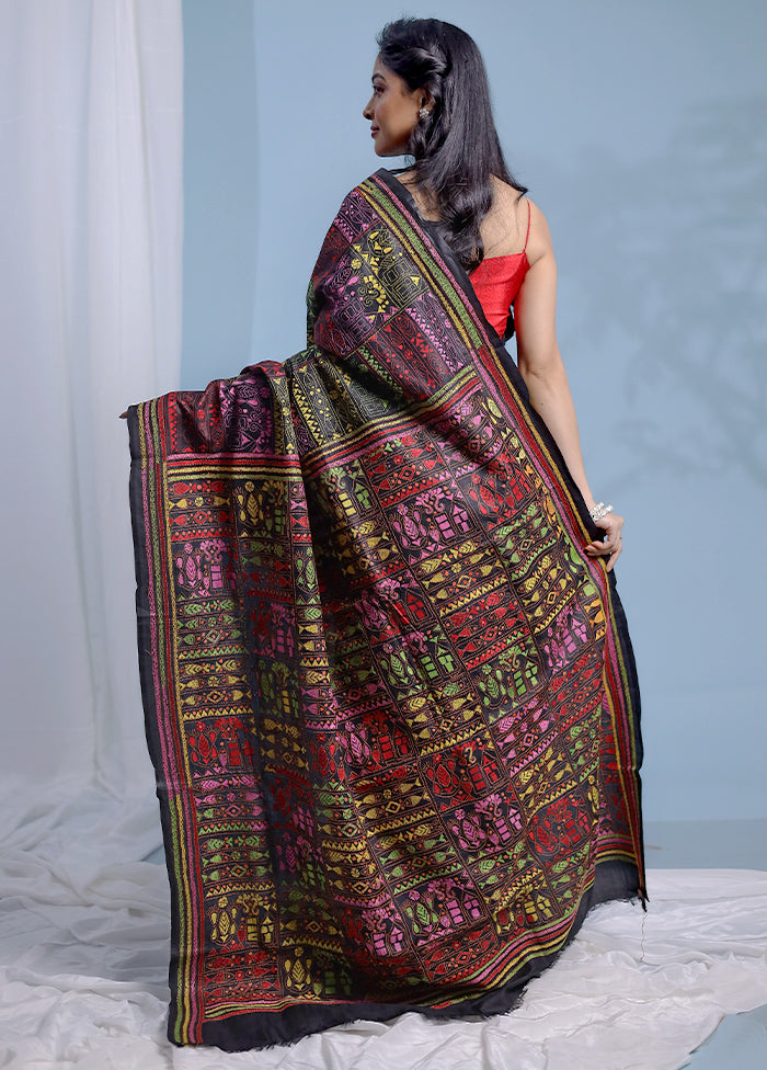 Black Kantha Stitch Pure Silk Saree With Blouse Piece - Indian Silk House Agencies