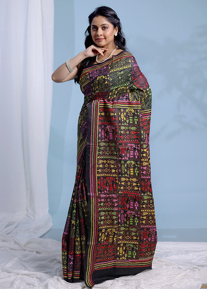 Black Kantha Stitch Pure Silk Saree With Blouse Piece - Indian Silk House Agencies