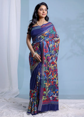 Blue Kantha Stitch Pure Silk Saree With Blouse Piece - Indian Silk House Agencies