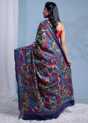 Blue Kantha Stitch Pure Silk Saree With Blouse Piece - Indian Silk House Agencies