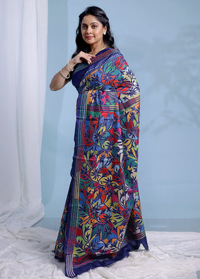 Blue Kantha Stitch Pure Silk Saree With Blouse Piece - Indian Silk House Agencies