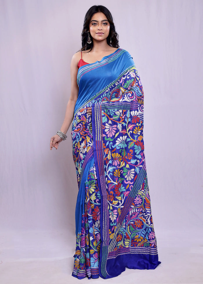 Blue Kantha Stitch Pure Silk Saree With Blouse Piece - Indian Silk House Agencies