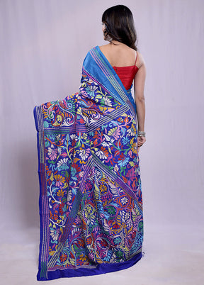 Blue Kantha Stitch Pure Silk Saree With Blouse Piece - Indian Silk House Agencies