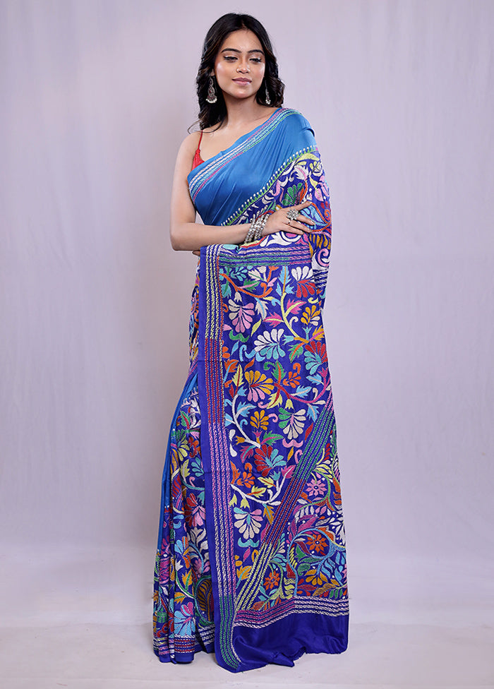 Blue Kantha Stitch Pure Silk Saree With Blouse Piece - Indian Silk House Agencies