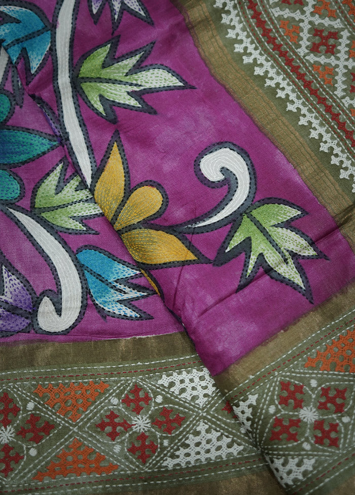 Multicolor Kantha Stitch Pure Silk Saree With Blouse Piece - Indian Silk House Agencies