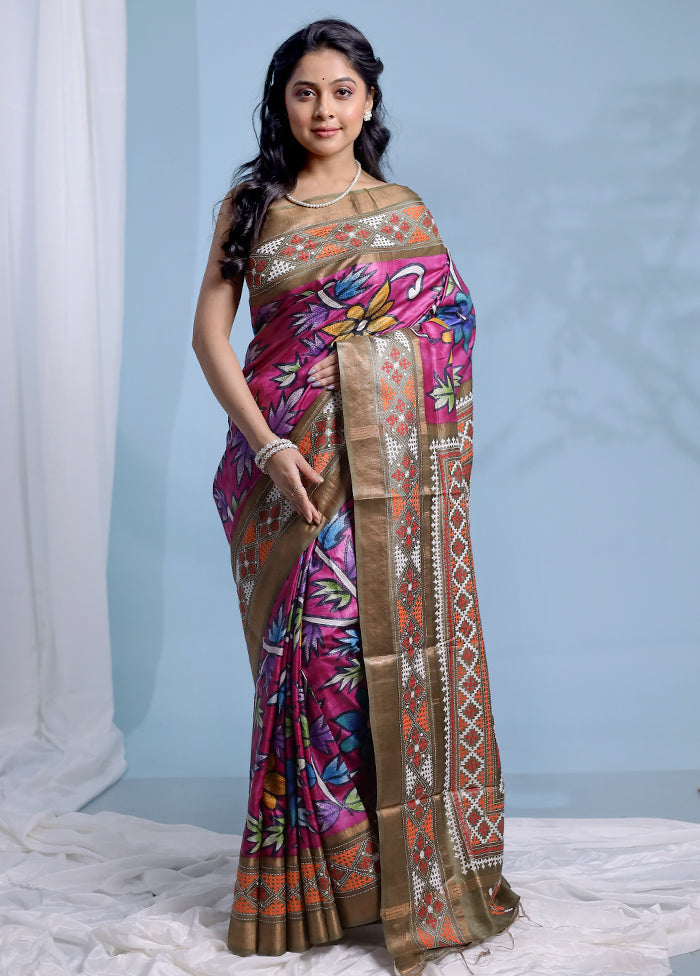 Multicolor Kantha Stitch Pure Silk Saree With Blouse Piece - Indian Silk House Agencies