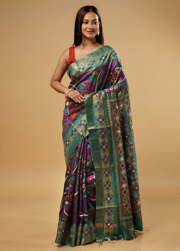 Purple Kantha Stitch Pure Silk Saree With Blouse Piece - Indian Silk House Agencies