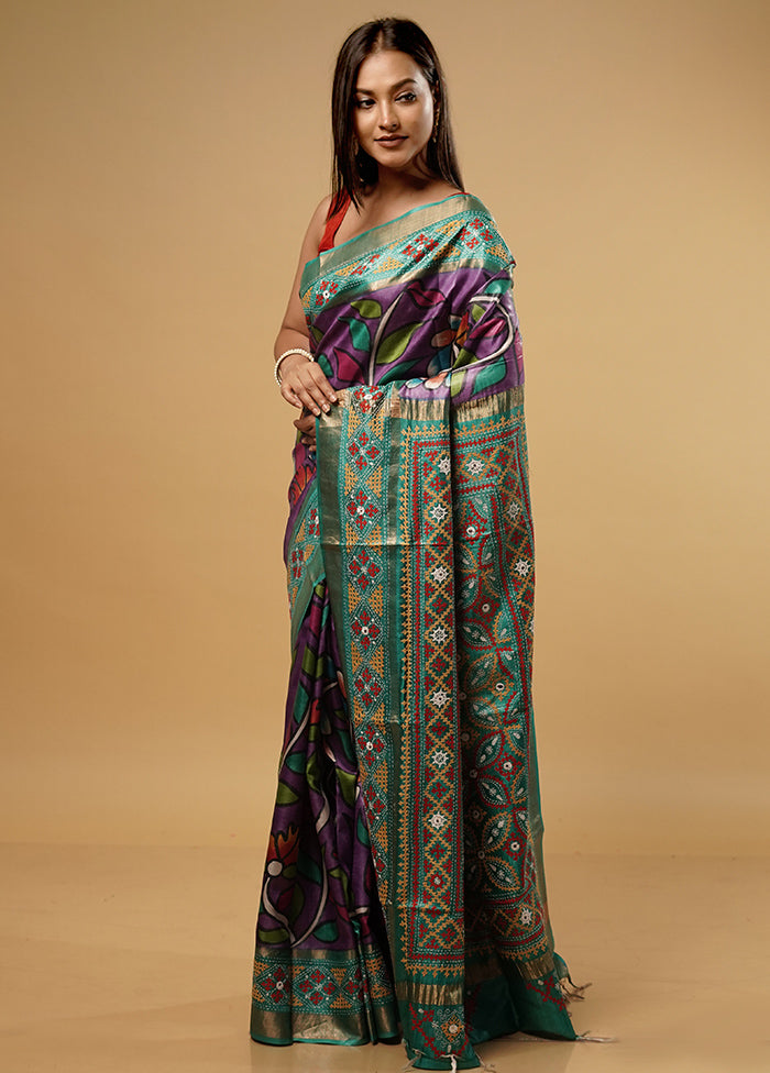 Purple Kantha Stitch Pure Silk Saree With Blouse Piece - Indian Silk House Agencies