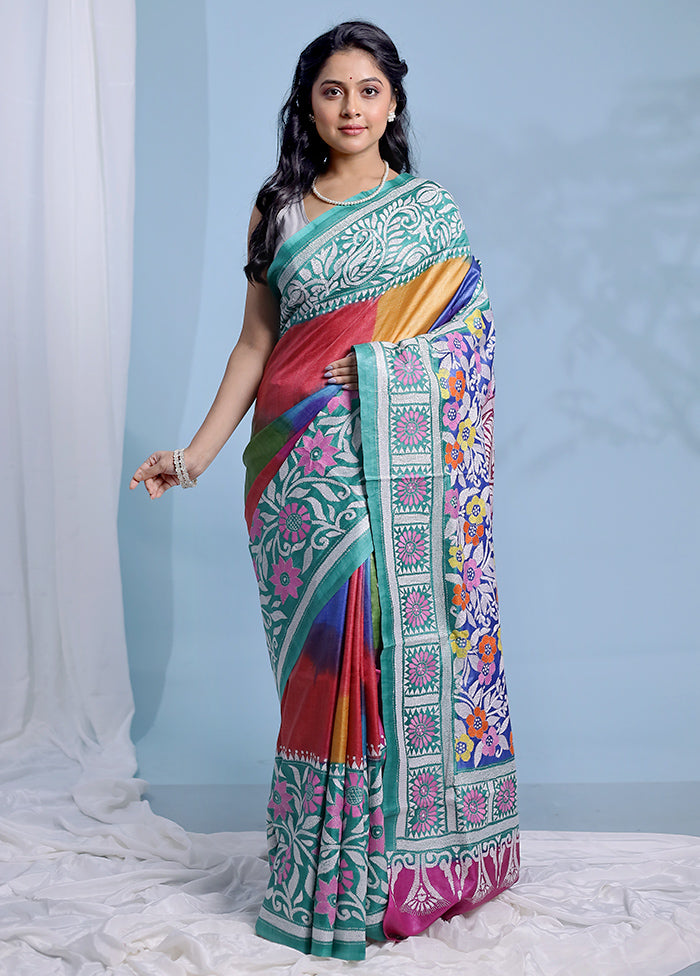 Blue Kantha Stitch Pure Silk Saree With Blouse Piece - Indian Silk House Agencies