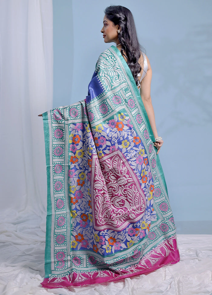 Blue Kantha Stitch Pure Silk Saree With Blouse Piece - Indian Silk House Agencies