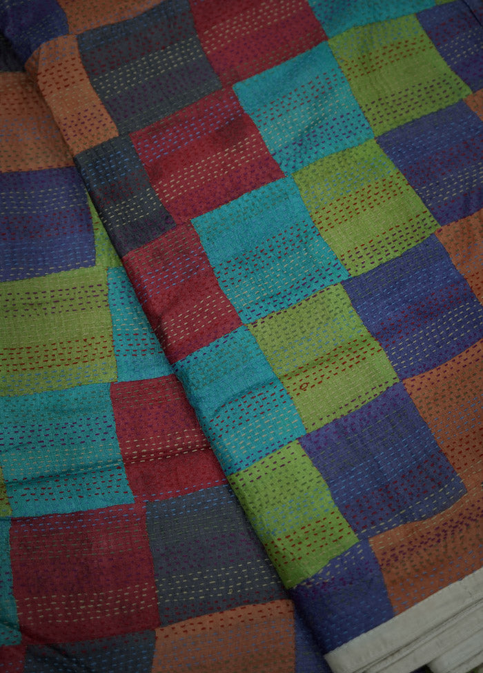 Multicolor Kantha Stitch Pure Silk Saree With Blouse Piece - Indian Silk House Agencies