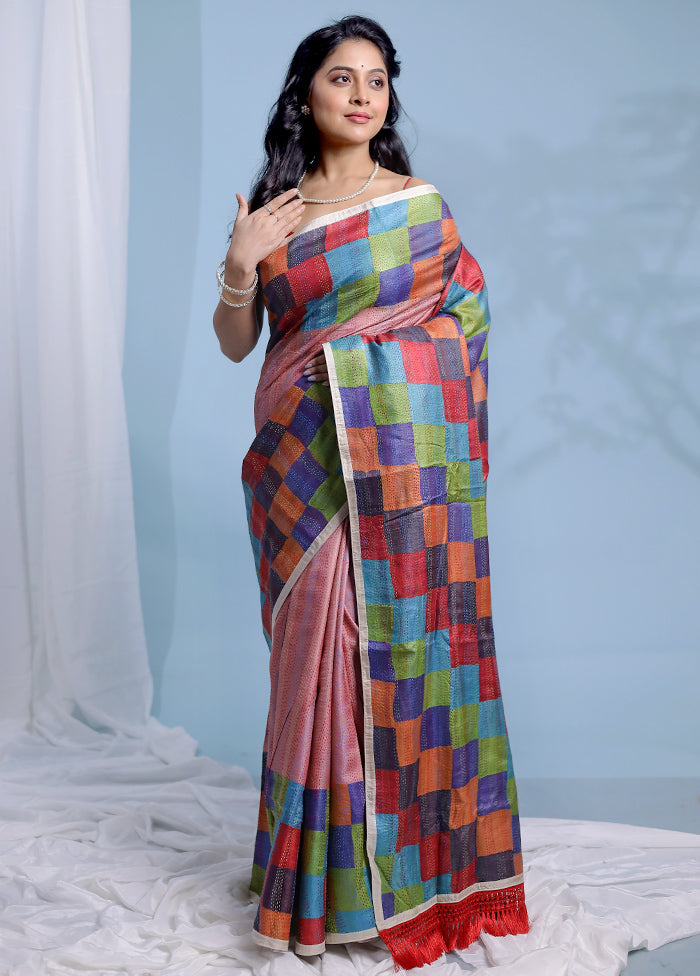 Multicolor Kantha Stitch Pure Silk Saree With Blouse Piece - Indian Silk House Agencies