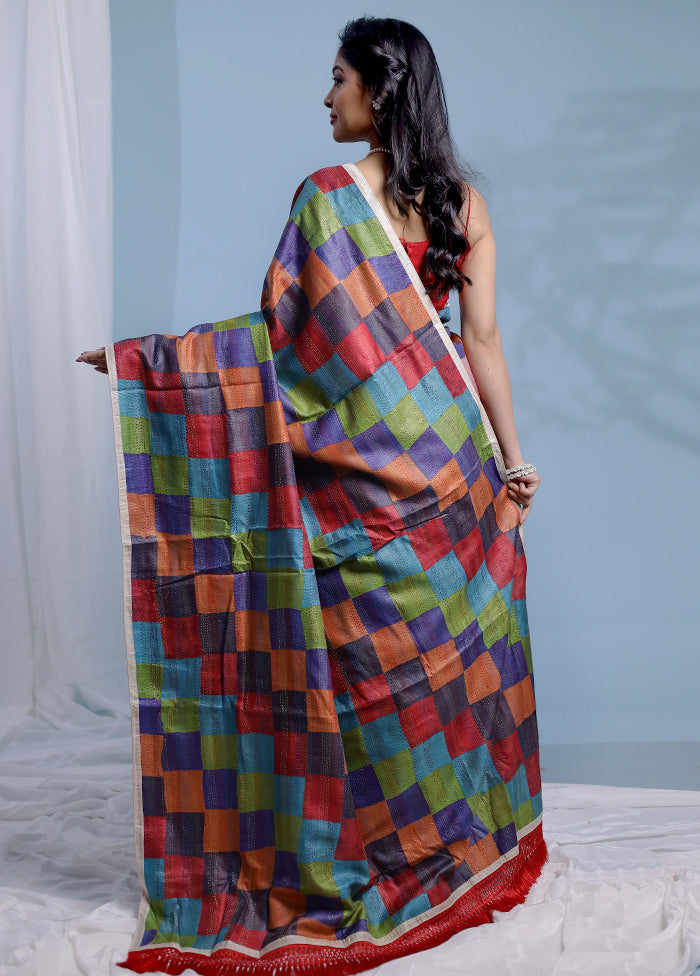 Multicolor Kantha Stitch Pure Silk Saree With Blouse Piece - Indian Silk House Agencies