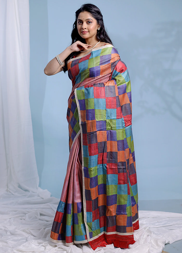 Multicolor Kantha Stitch Pure Silk Saree With Blouse Piece - Indian Silk House Agencies