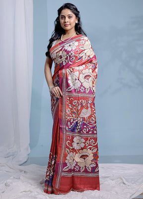 Red Kantha Stitch Pure Silk Saree With Blouse Piece - Indian Silk House Agencies