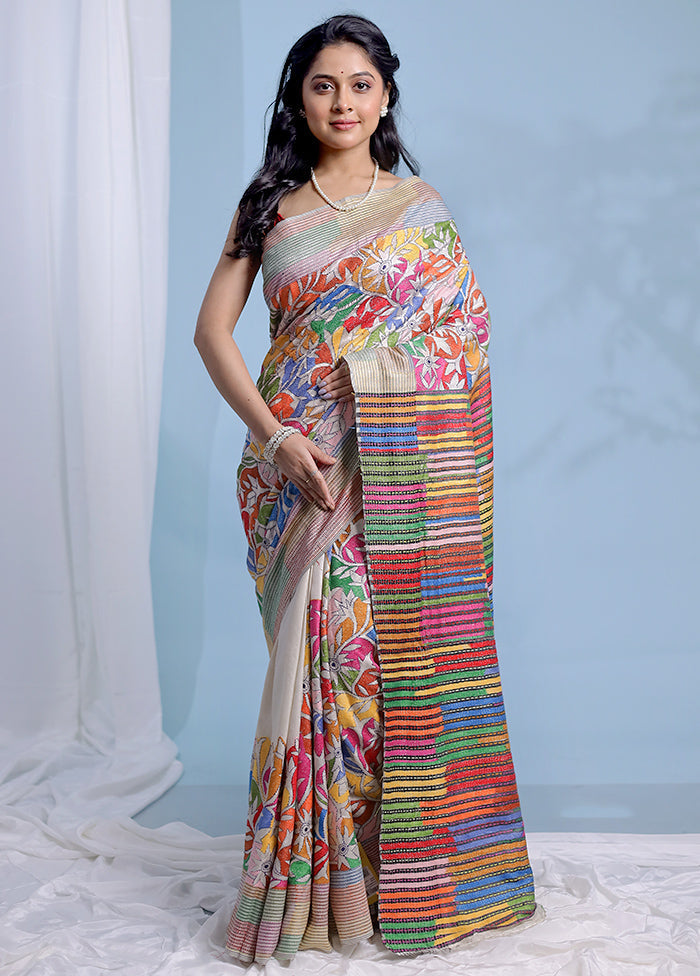 Multicolor Kantha Stitch Pure Silk Saree With Blouse Piece - Indian Silk House Agencies