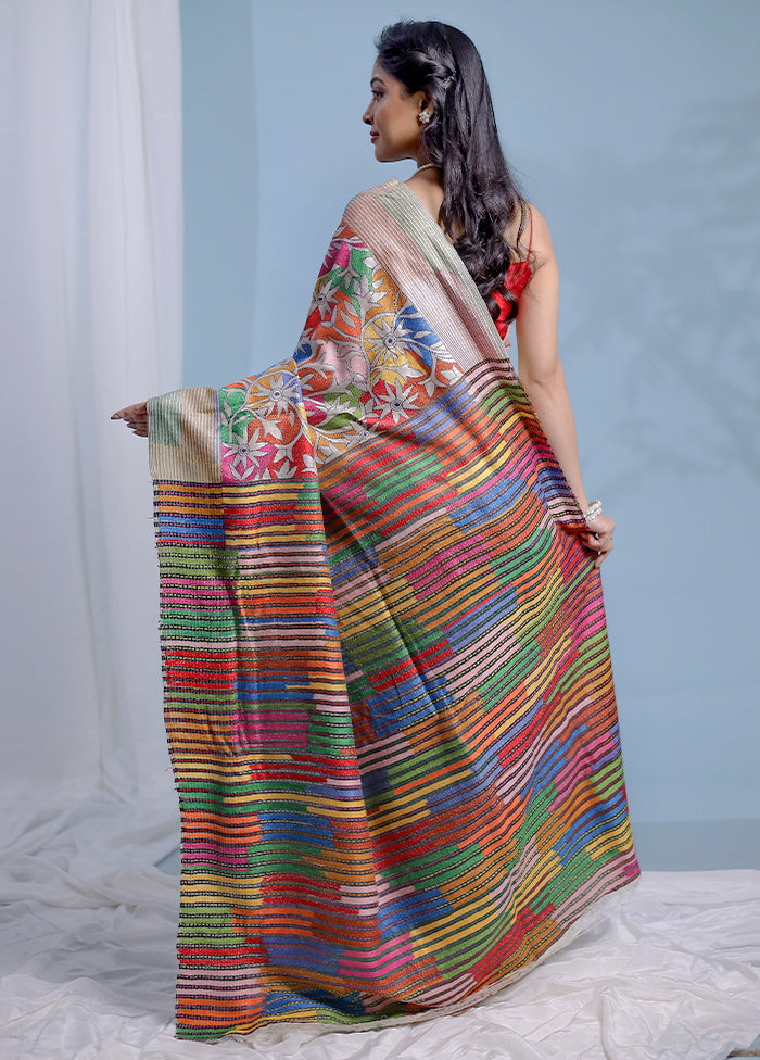 Multicolor Kantha Stitch Pure Silk Saree With Blouse Piece - Indian Silk House Agencies