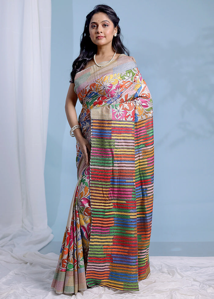 Multicolor Kantha Stitch Pure Silk Saree With Blouse Piece - Indian Silk House Agencies