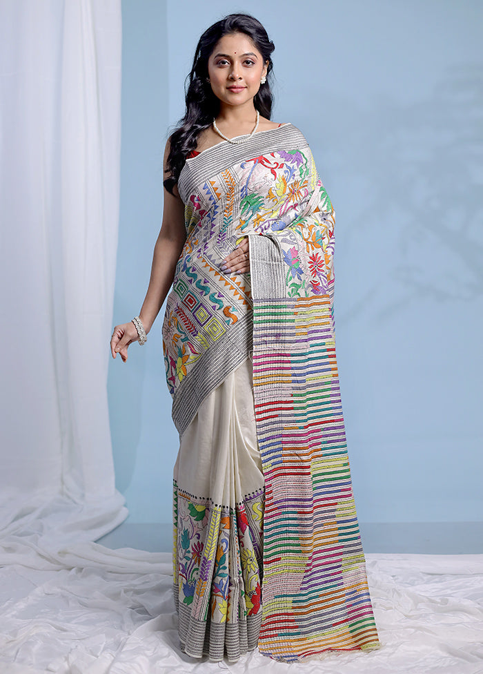 Multicolor Kantha Stitch Pure Silk Saree With Blouse Piece - Indian Silk House Agencies