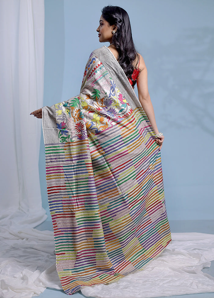 Multicolor Kantha Stitch Pure Silk Saree With Blouse Piece - Indian Silk House Agencies