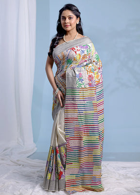 Multicolor Kantha Stitch Pure Silk Saree With Blouse Piece - Indian Silk House Agencies