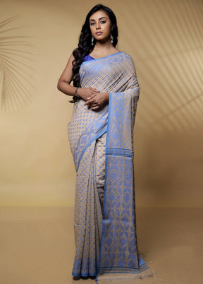 Cream Khadi Cotton Saree Without Blouse Piece - Indian Silk House Agencies