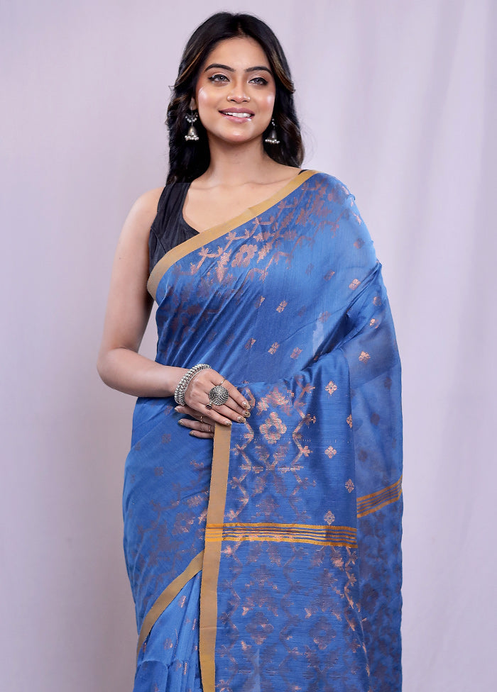 Blue Khadi Cotton Saree With Blouse Piece - Indian Silk House Agencies