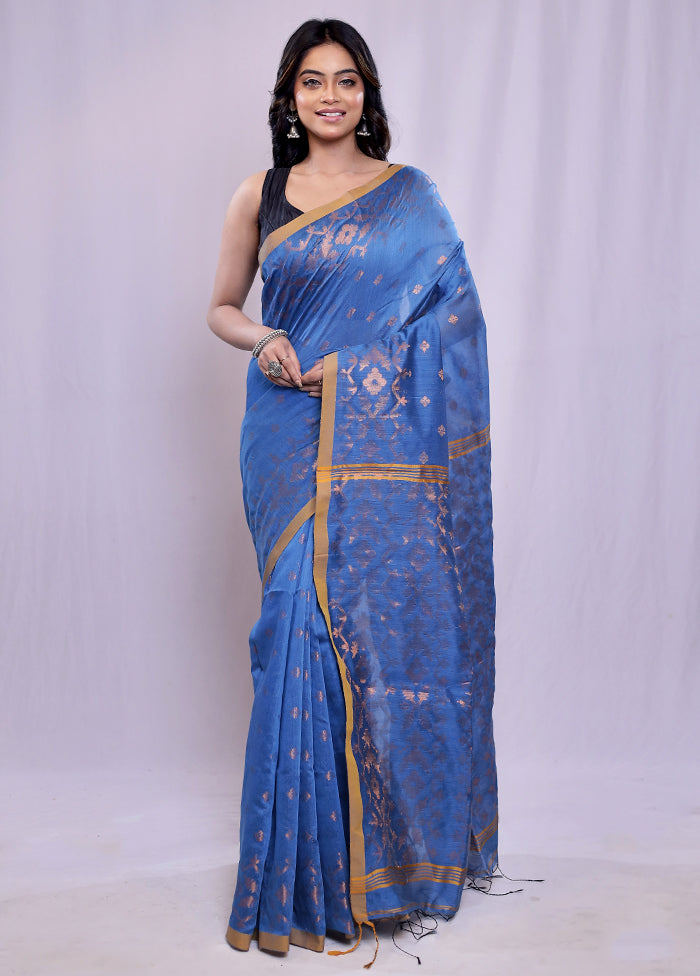 Blue Khadi Cotton Saree With Blouse Piece - Indian Silk House Agencies