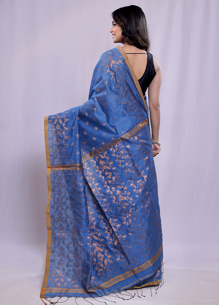 Blue Khadi Cotton Saree With Blouse Piece - Indian Silk House Agencies