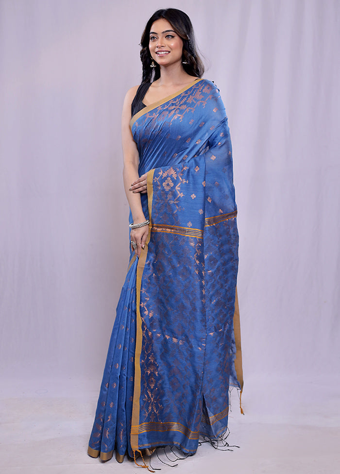 Blue Khadi Cotton Saree With Blouse Piece - Indian Silk House Agencies