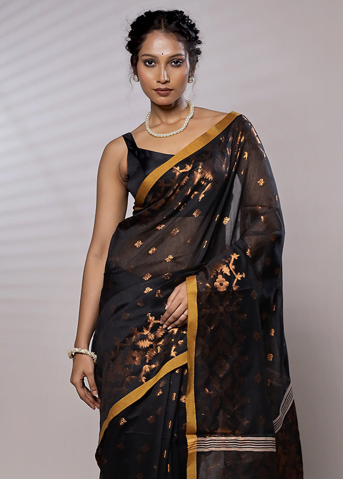 Black Khadi Cotton Saree With Blouse Piece