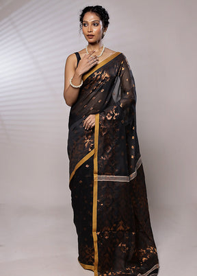 Black Khadi Cotton Saree With Blouse Piece