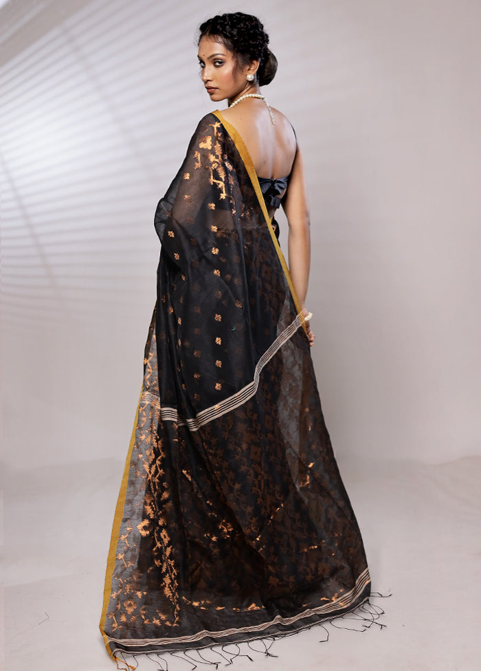 Black Khadi Cotton Saree With Blouse Piece