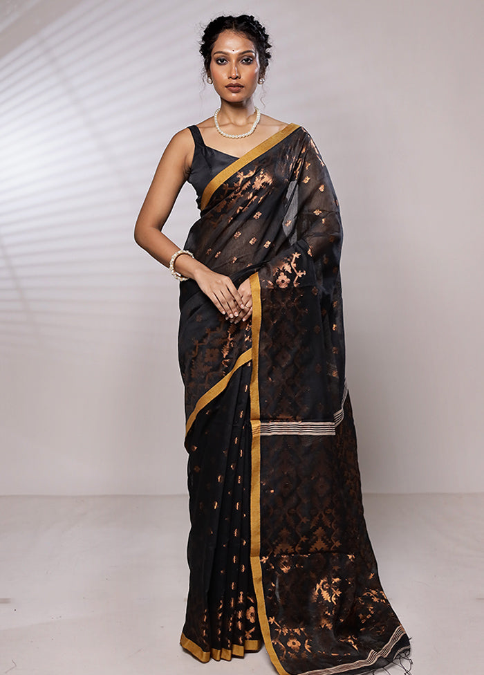 Black Khadi Cotton Saree With Blouse Piece