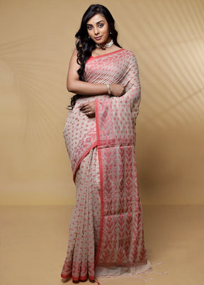 Cream Khadi Cotton Saree Without Blouse Piece - Indian Silk House Agencies