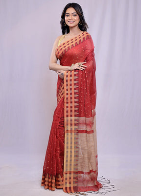 Red Khadi Cotton Saree With Blouse Piece - Indian Silk House Agencies