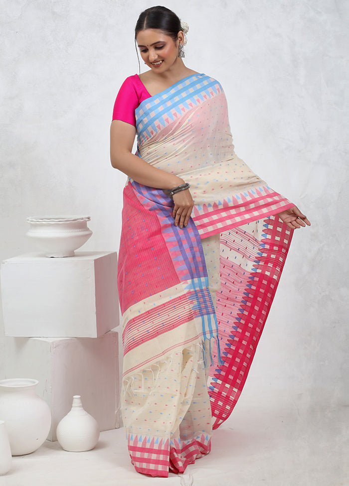 Cream Khadi Cotton Saree With Blouse Piece