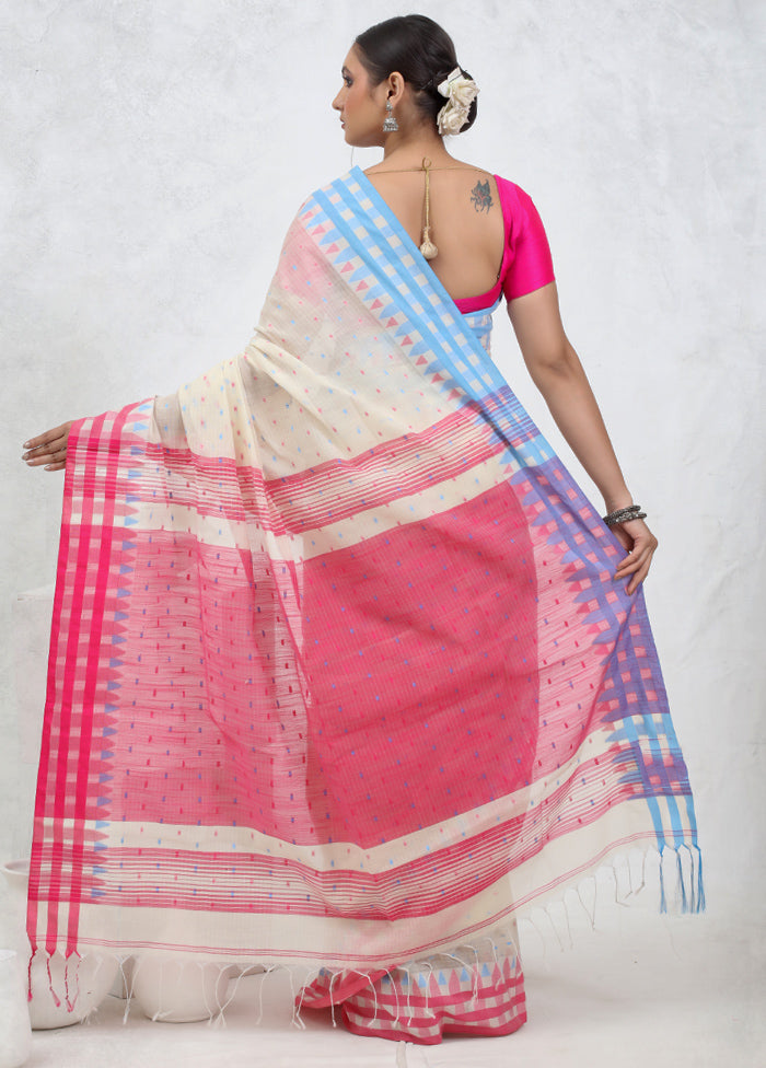 Cream Khadi Cotton Saree With Blouse Piece