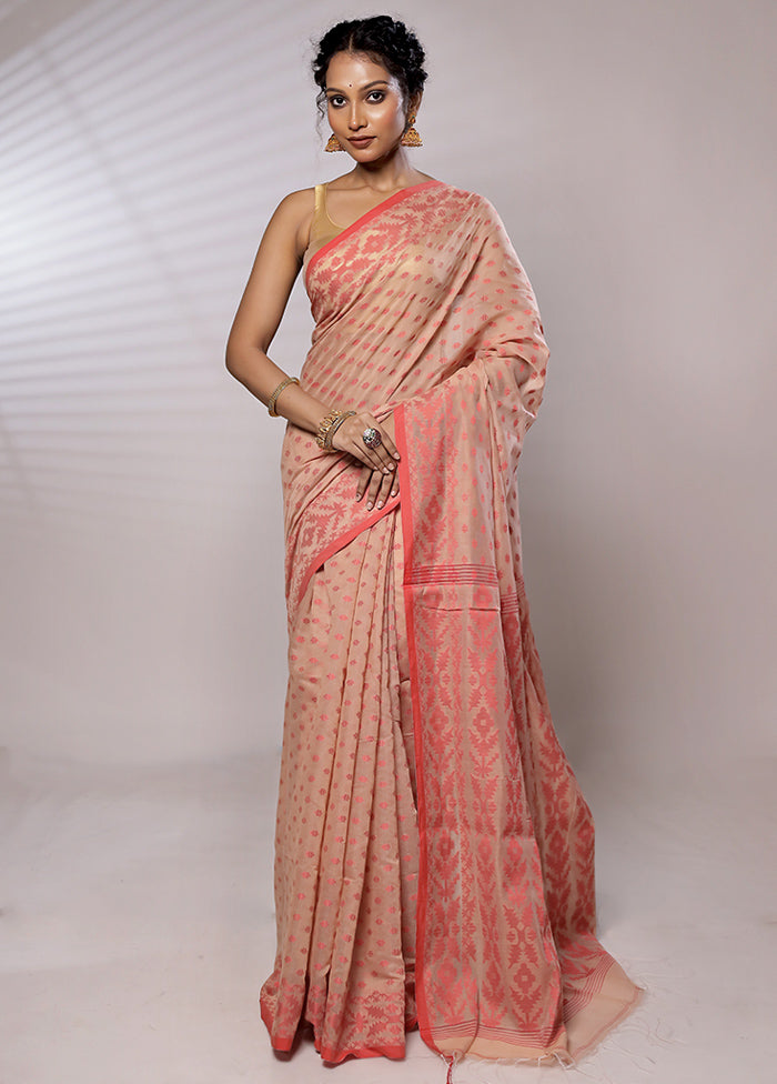 Peach Khadi Cotton Saree With Blouse Piece