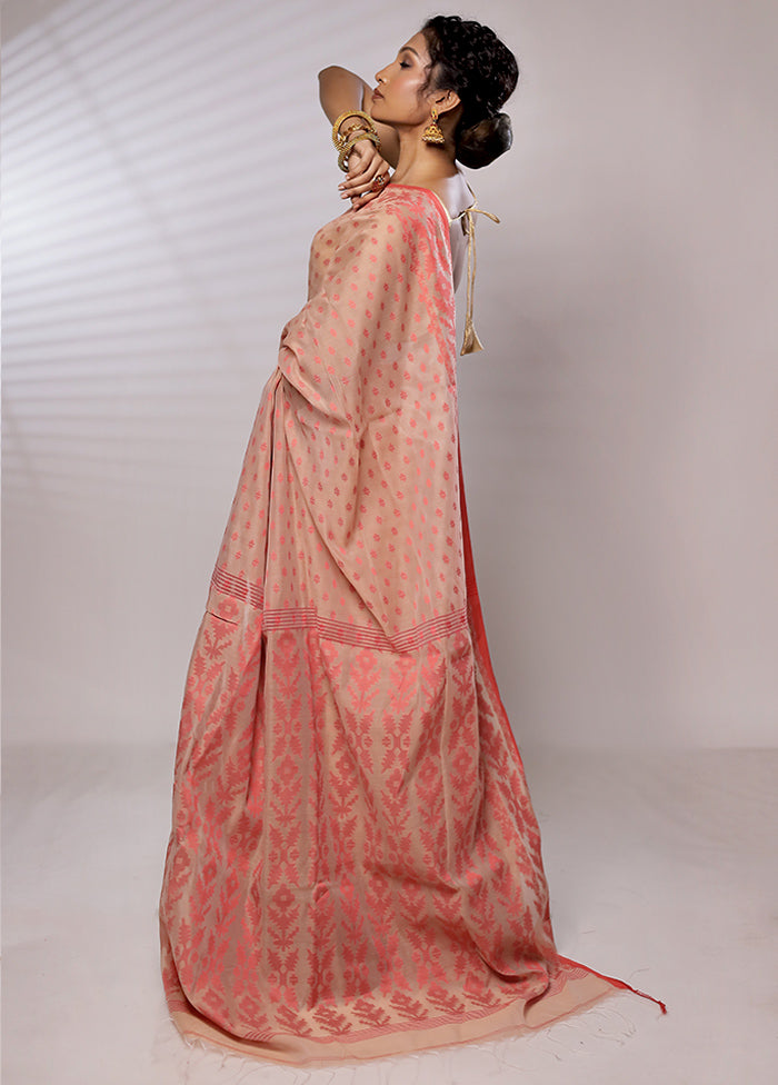 Peach Khadi Cotton Saree With Blouse Piece